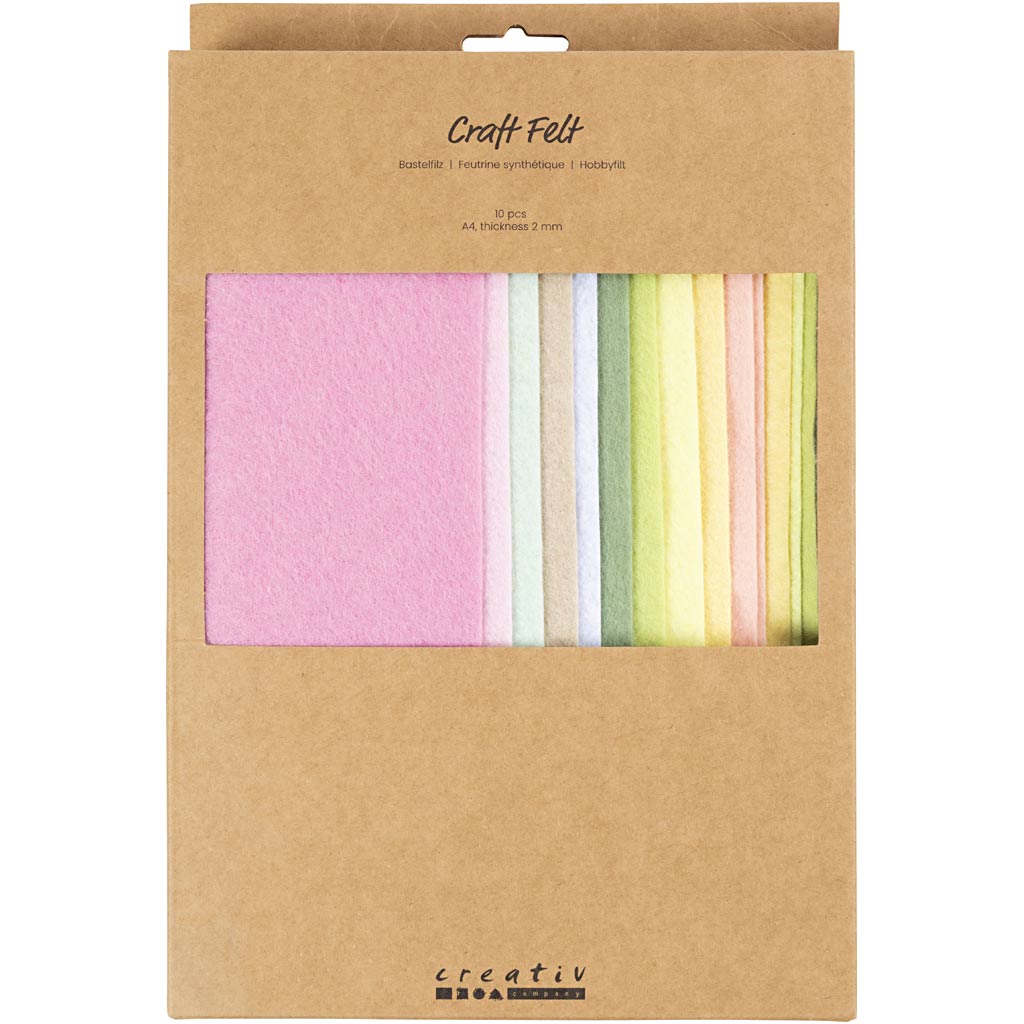 Hobbyfilt, A4, ark 210x297 mm, tykkelse 2 mm, pastelfarver, 10 stk./ 1 pk.