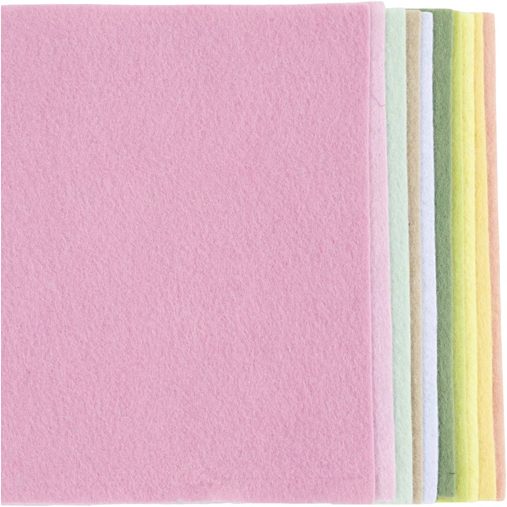 Hobbyfilt, A4, ark 210x297 mm, tykkelse 2 mm, pastelfarver, 10 stk./ 1 pk.