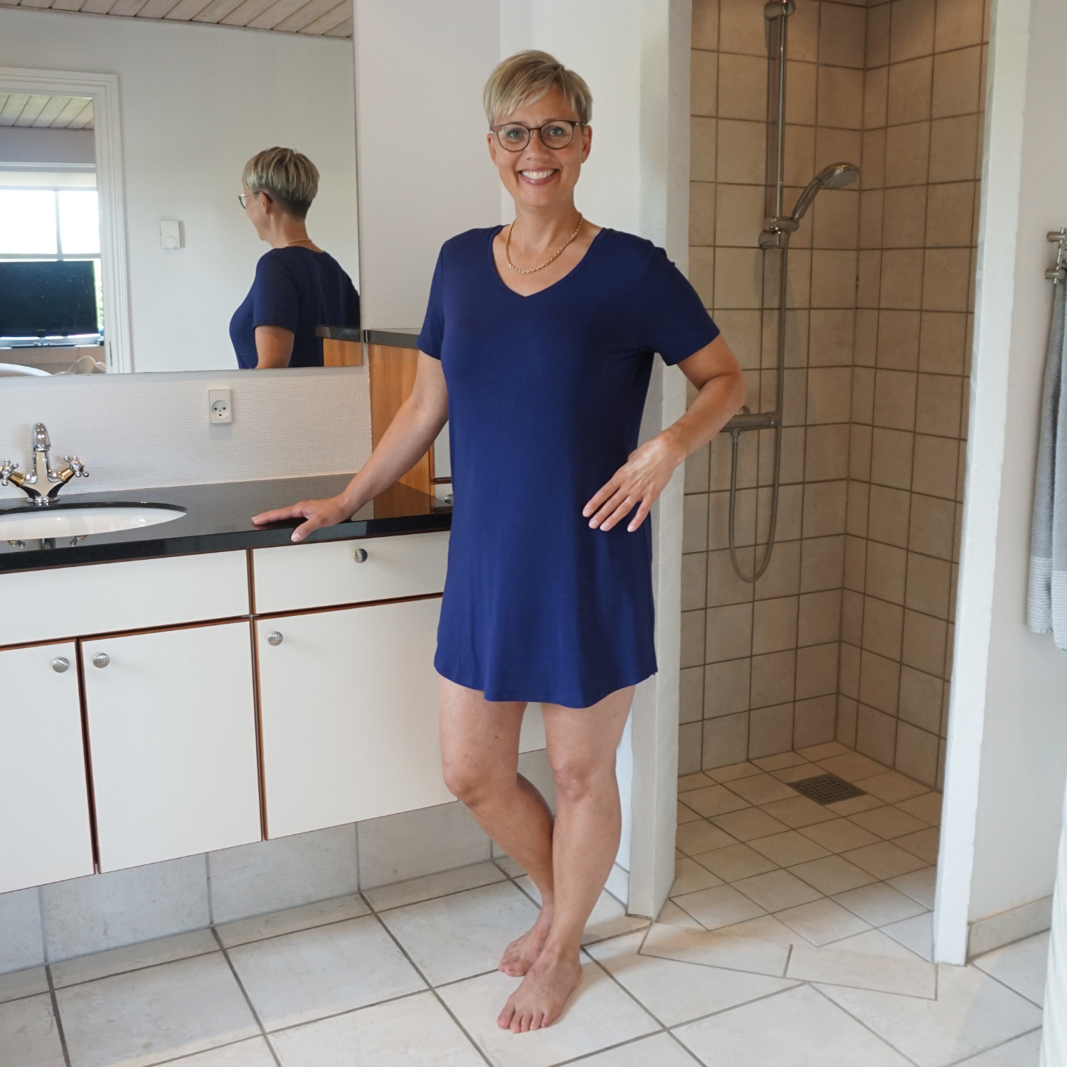 Dame natkjole kort ærme - Mørke Blå