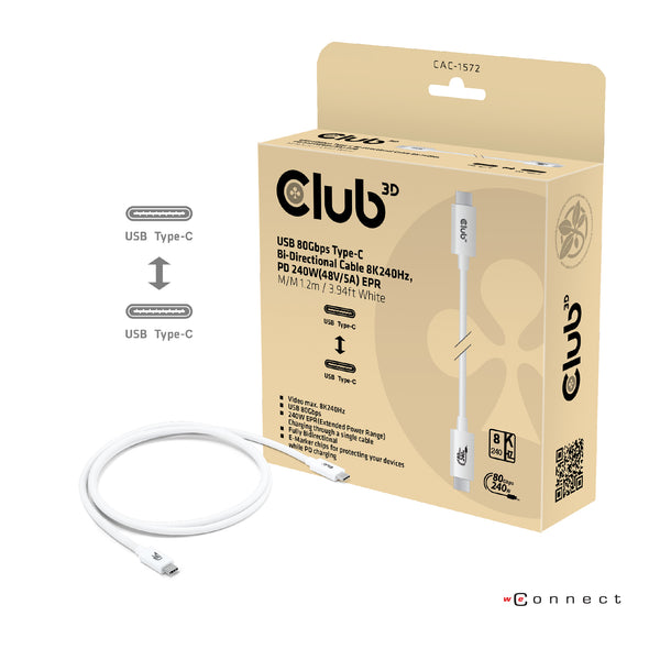 Club3D CAC-1570 USB4 USB-C til USB-C 1,2m 240W 8K240Hz Hvid