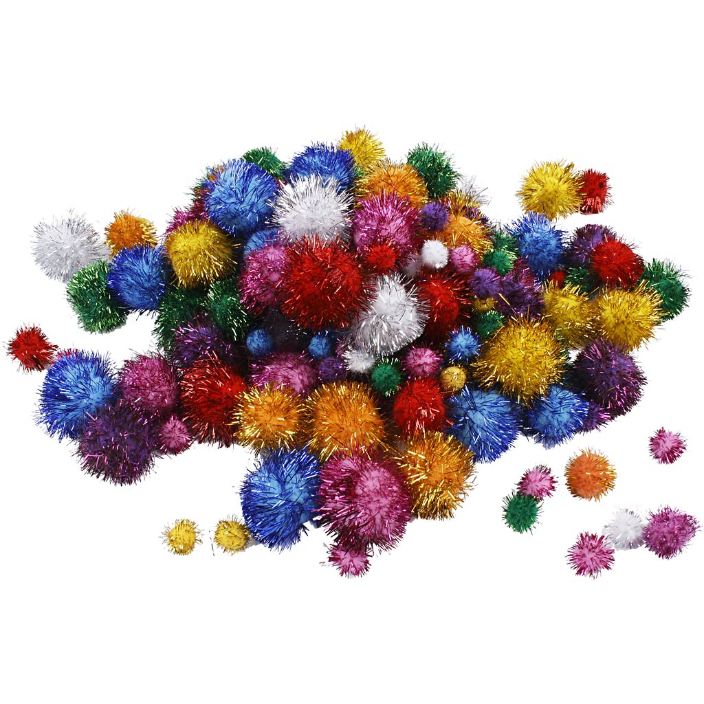 Farverige Glitter Pomponer 15-40 mm - 62 g