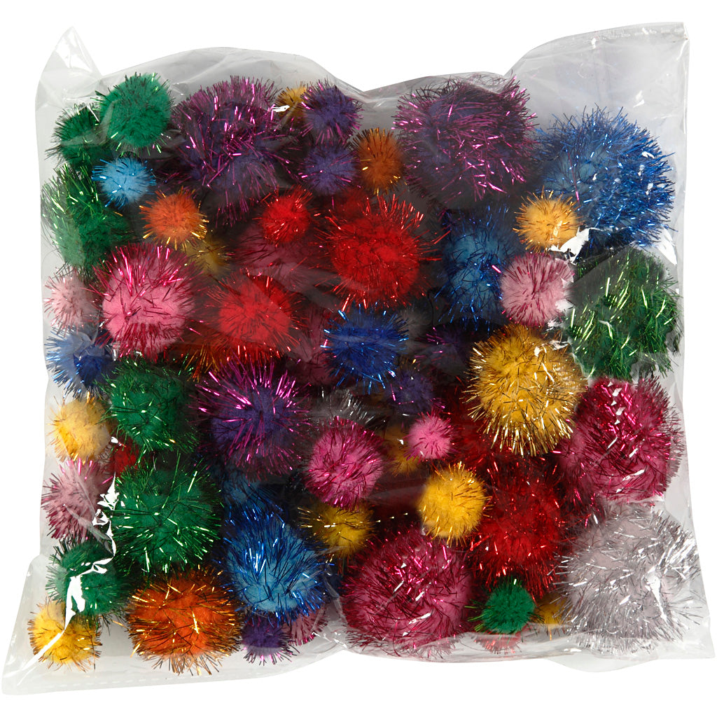 Farverige Glitter Pomponer 15-40 mm - 62 g