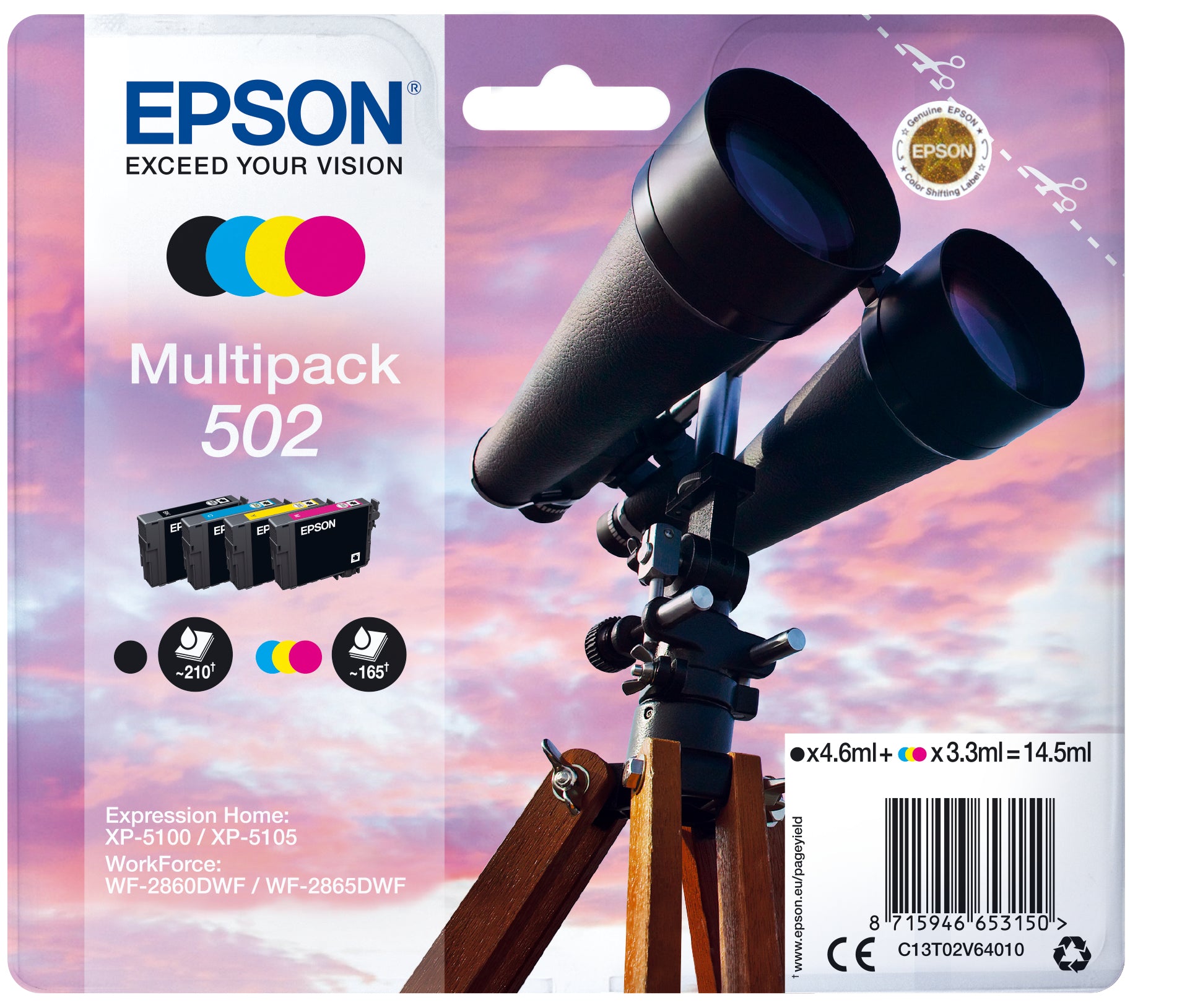 Epson 502 Multipack Sort Gul Cyan Magenta Blæk C13T02V64010