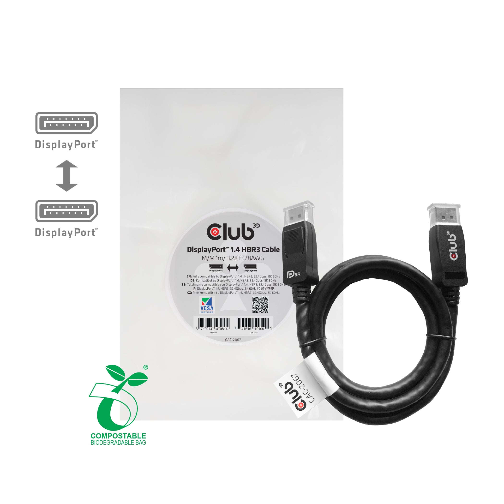 Club 3D CAC-2067 DisplayPort 1.4 Kabel 1m Sort