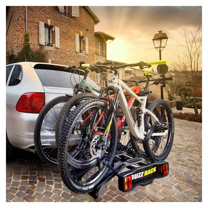 Cykelholder til 3 cykler (op til 2 elcykler, 13-pols) - værktøjsfri, anti-svaj, passer 50 mm anhængertræk - BuzzRack