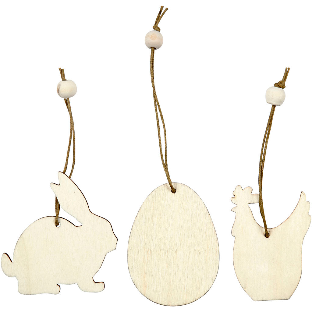 Træophæng, hare, æg, høne, str. 6 cm, tykkelse 3 mm, 200 stk./ 1 pk.