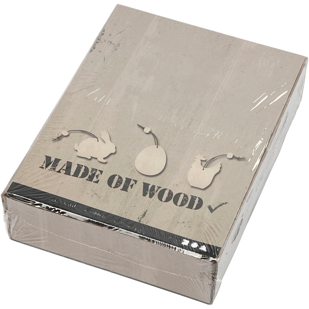 Træophæng, hare, æg, høne, str. 6 cm, tykkelse 3 mm, 200 stk./ 1 pk.