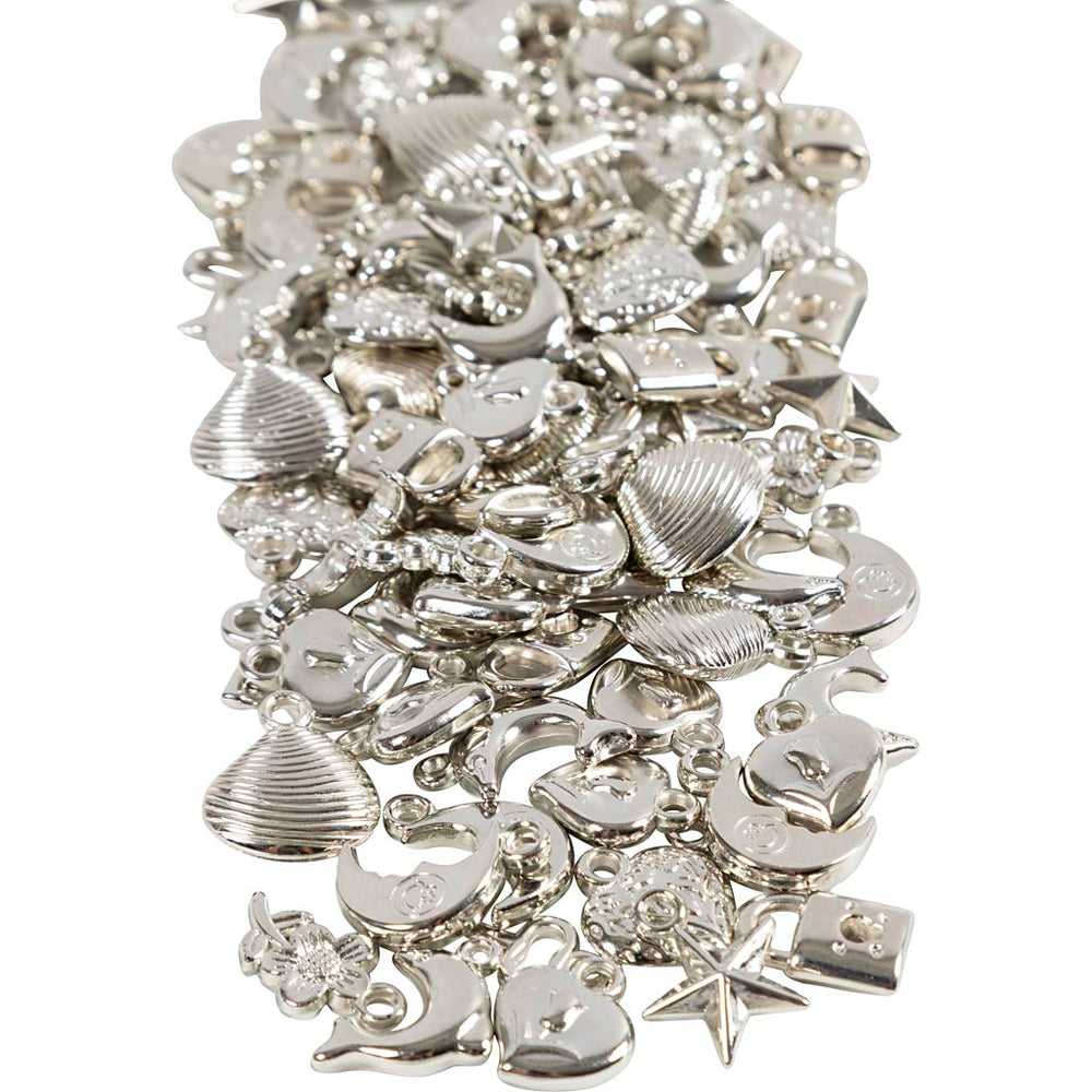 Sølvcharms, str. 15-20 mm, hulstr. 3 mm, ca. 200 stk., 80 g/ 1 pk.