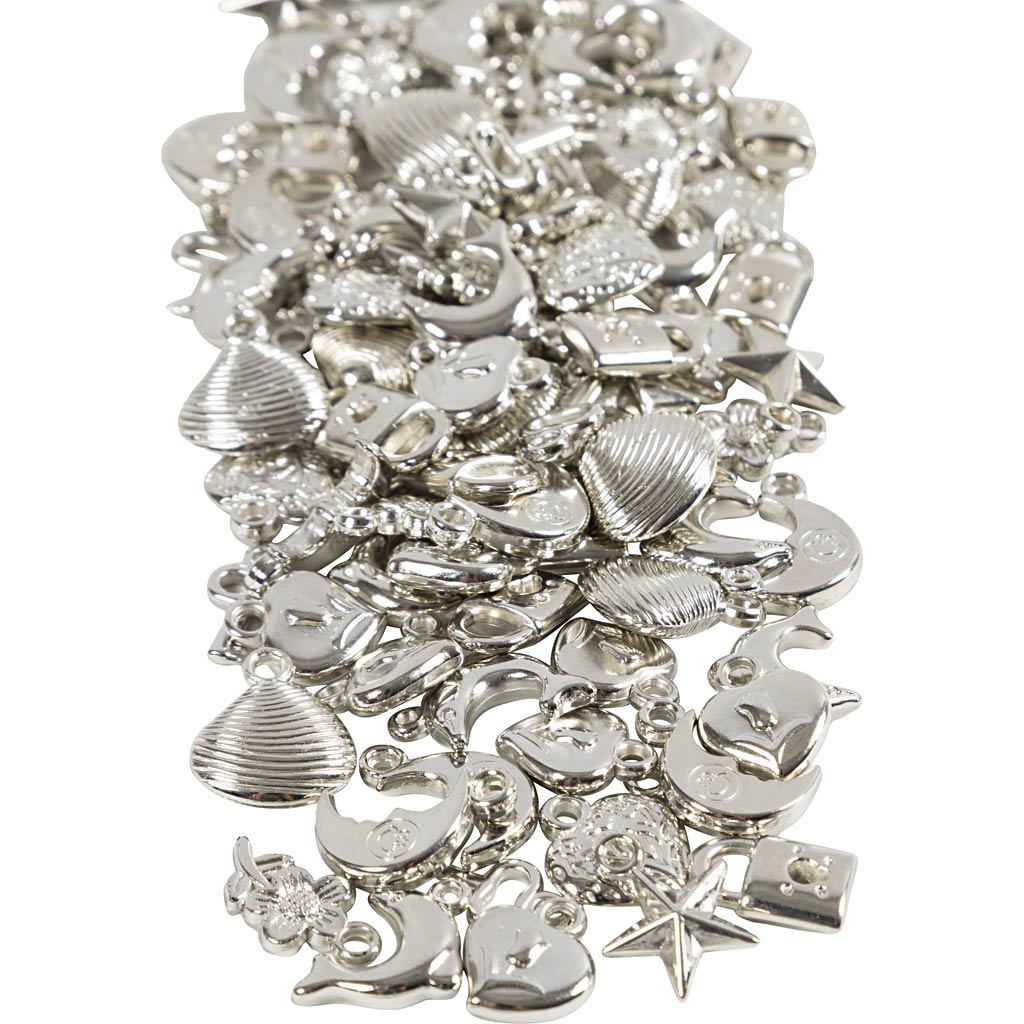 Sølvcharms, str. 15-20 mm, hulstr. 3 mm, ca. 200 stk., 80 g/ 1 pk.