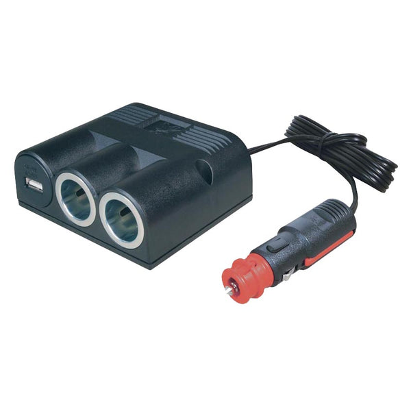 Strømudtag 1→2 + USB med ledning - forlængerstik til opladning procar