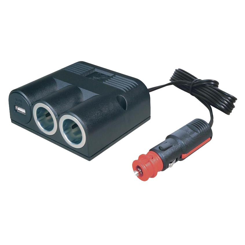 Strømudtag 1→2 + USB med ledning - forlængerstik til opladning procar