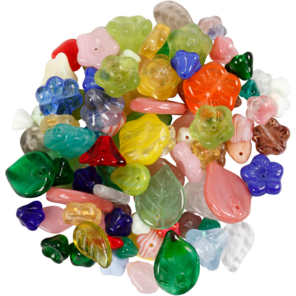 Glasperler, blade, blomster, diam. 6-17 mm, hulstr. 0,5-1,5 mm, ass. farver, 60 g/ 1 pk.
