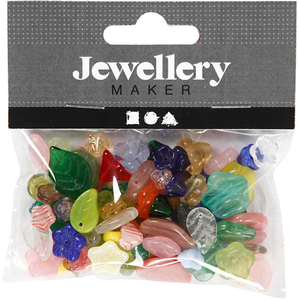 Glasperler, blade, blomster, diam. 6-17 mm, hulstr. 0,5-1,5 mm, ass. farver, 60 g/ 1 pk.