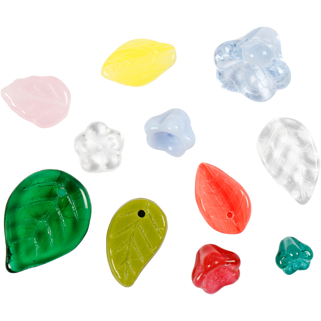 Glasperler, blade, blomster, diam. 6-17 mm, hulstr. 0,5-1,5 mm, ass. farver, 60 g/ 1 pk.