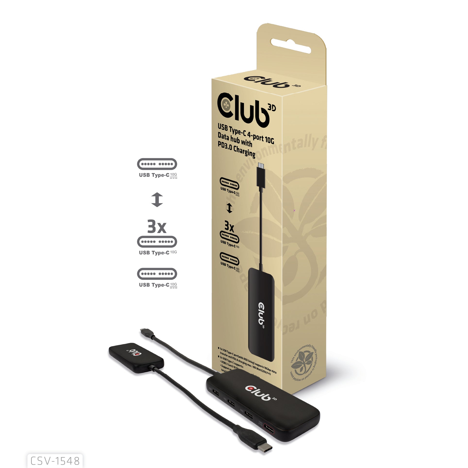 Club3D CSV-1548 USB-C Hub 4 porte 100W Sort