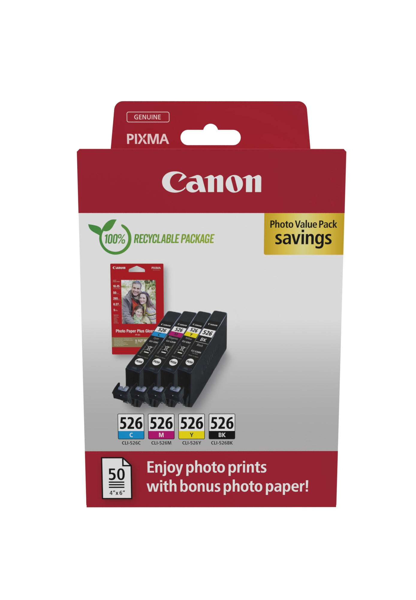 Canon CLI 526 C/M/Y/BK Photo Value Pack Sort Gul Cyan Magenta Blækbeholder / papirsæt