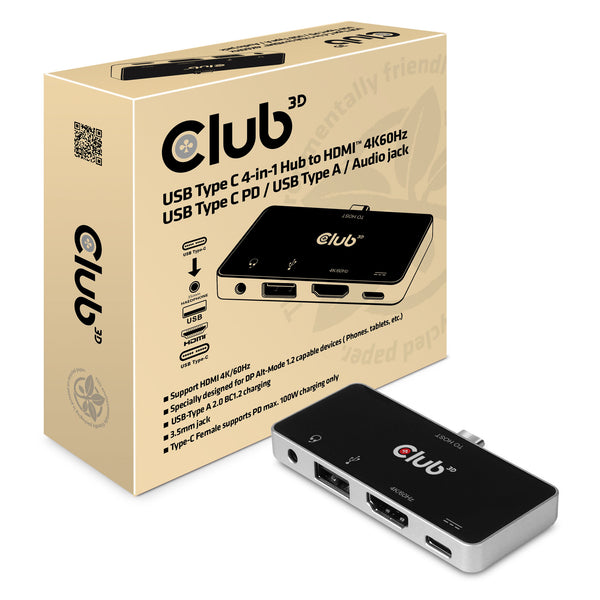 Club3D CSV-1591 USB-C 3.2 4-in-1 Hub Dockingstation Sort