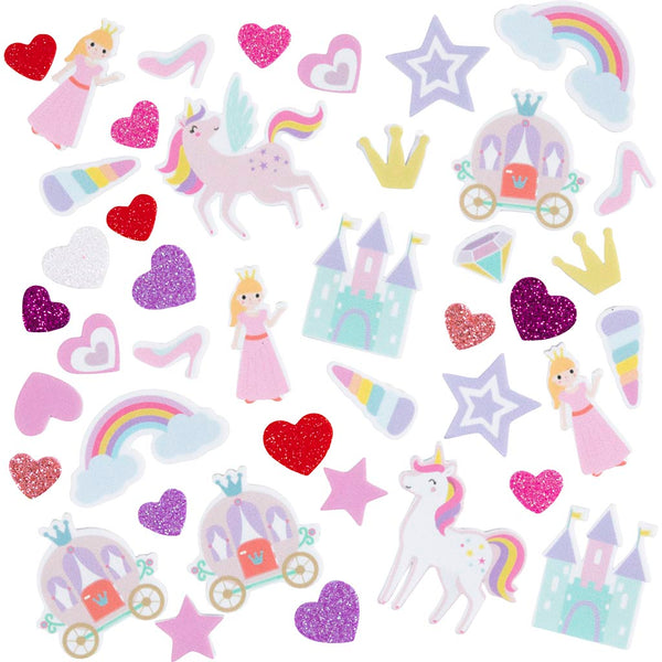 Mosgummi klistermærker, Hjerte, prinsesse, enhjørning, selvklæbende, str. 13-50 mm, lilla/pink harmoni, 150 stk./ 1 pk.