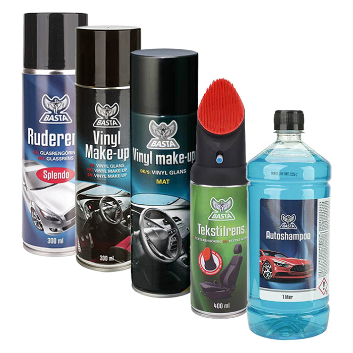 Bestseller rengøringspakke 30 dele - bil, tekstil, vinyl & ruderens - Basta