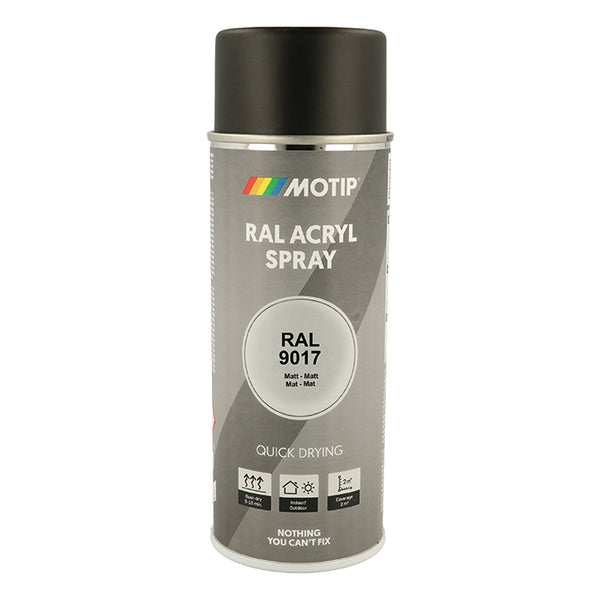 RAL 9017 Matt Traffic Black spraymaling - træ, metal, plast, hurtigttørrende finish - Motip