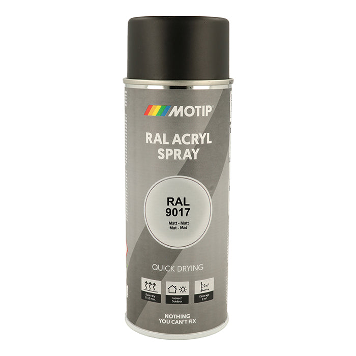 RAL 9017 Matt Traffic Black spraymaling - træ, metal, plast, hurtigttørrende finish - Motip