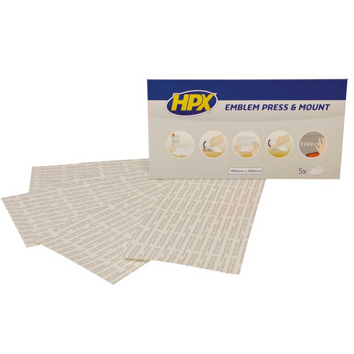 Emblemtape dobbeltklæbende 100x200 mm - 5 ark, vejrbestandig, 19 N/25 mm limstyrke - HPX