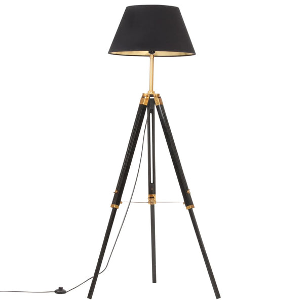 Gulvlampe Med Trefod 141 Cm Massivt Teaktræ Sort Og Guldfarvet