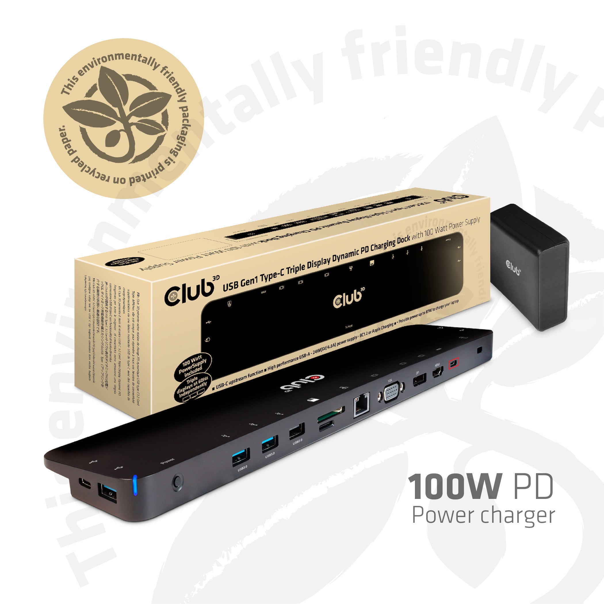 Club 3D CSV-1564W100 USB-C Dockingstation med 100W strømforsyning Sort
