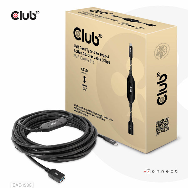 Club 3D CAC-1538 USB-C Gen 1 aktiv forlængerkabel 10m Sort
