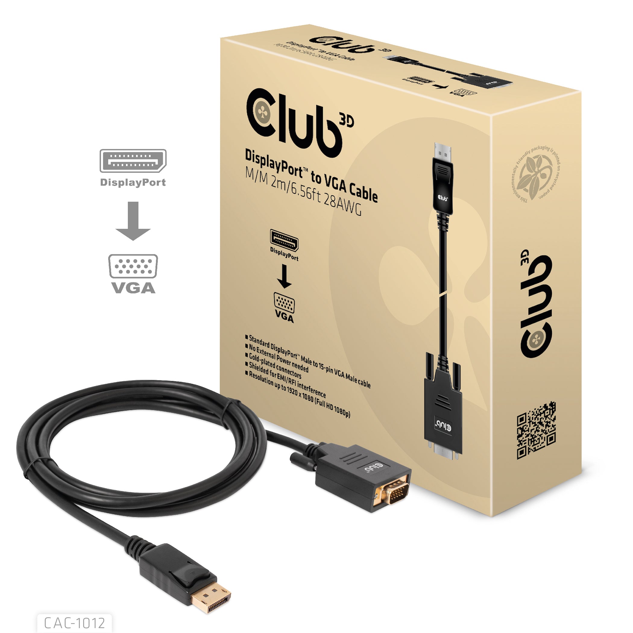 Club 3D CAC-1012 DisplayPort til VGA adapterkabel 2 m Sort