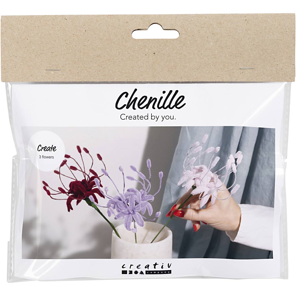 Mini DIY Kit Chenilleblomster, Spider lily, soft rosa, lys lilla, mørk rød, 1 pk.