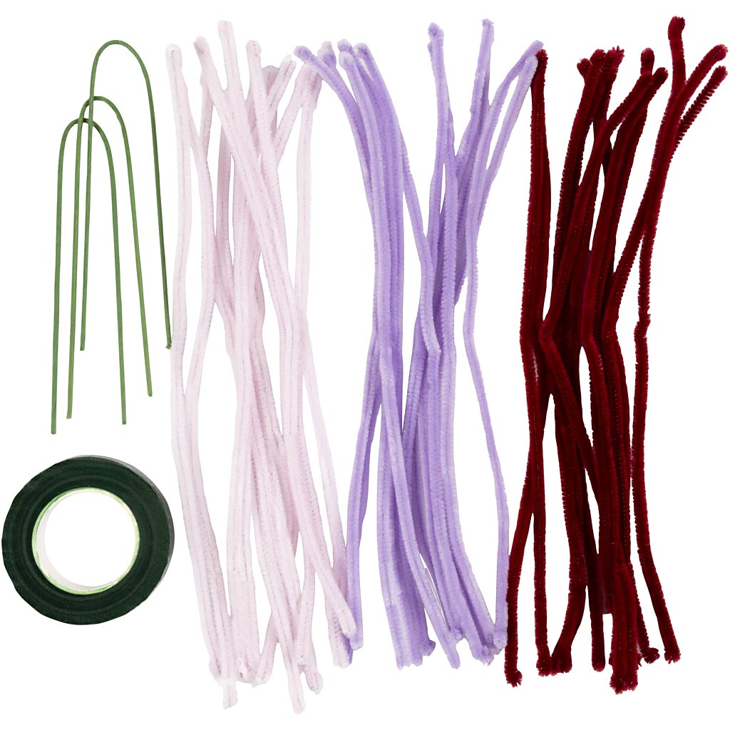 Mini DIY Kit Chenilleblomster, Spider lily, soft rosa, lys lilla, mørk rød, 1 pk.