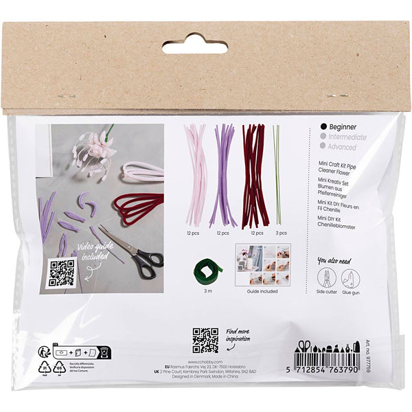 Mini DIY Kit Chenilleblomster, Spider lily, soft rosa, lys lilla, mørk rød, 1 pk.