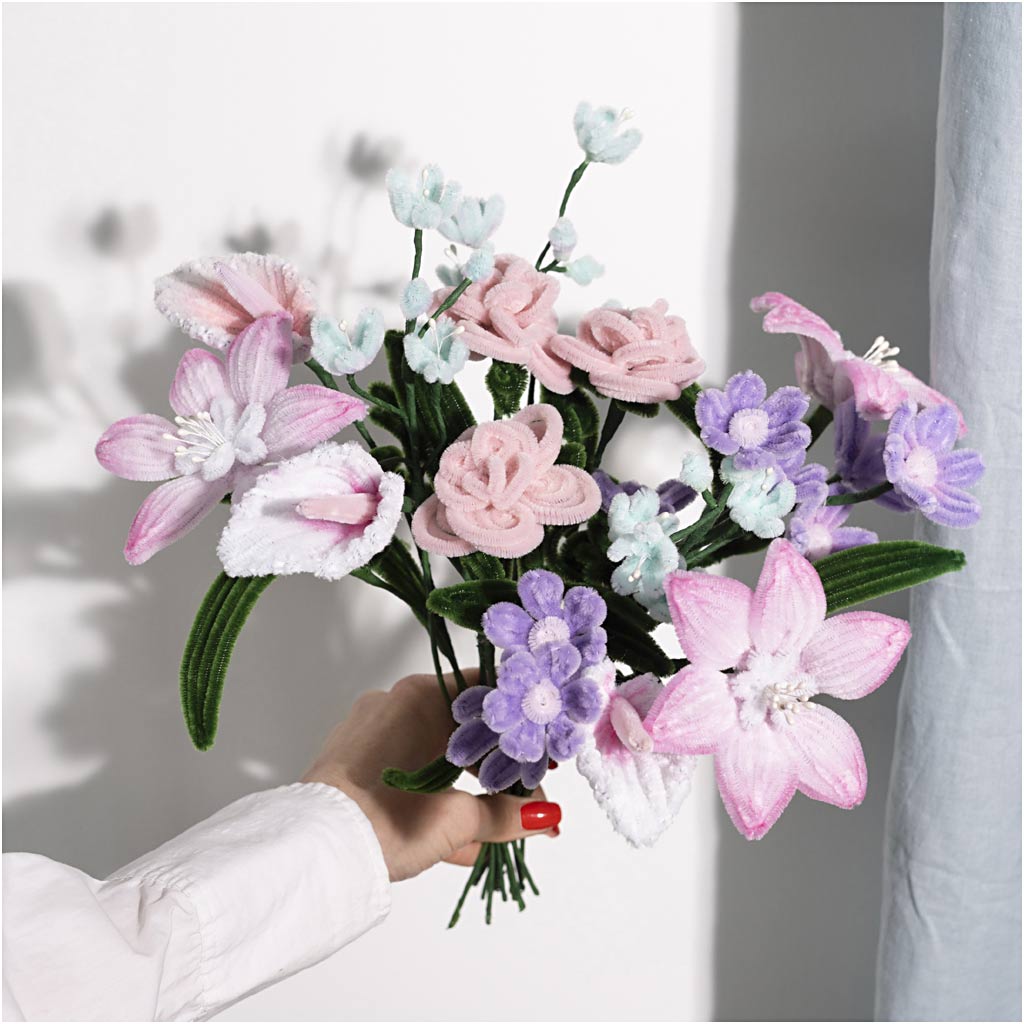 DIY Kit Chenilleblomster, Blomster, pastelfarver, 1 pk.