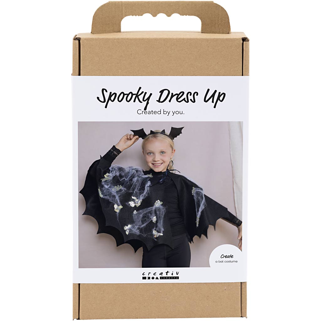 DIY Kit Spooky Udklædning, Flagermuskappe- og hårbøjle, sort, sort glitter, 1 pk.