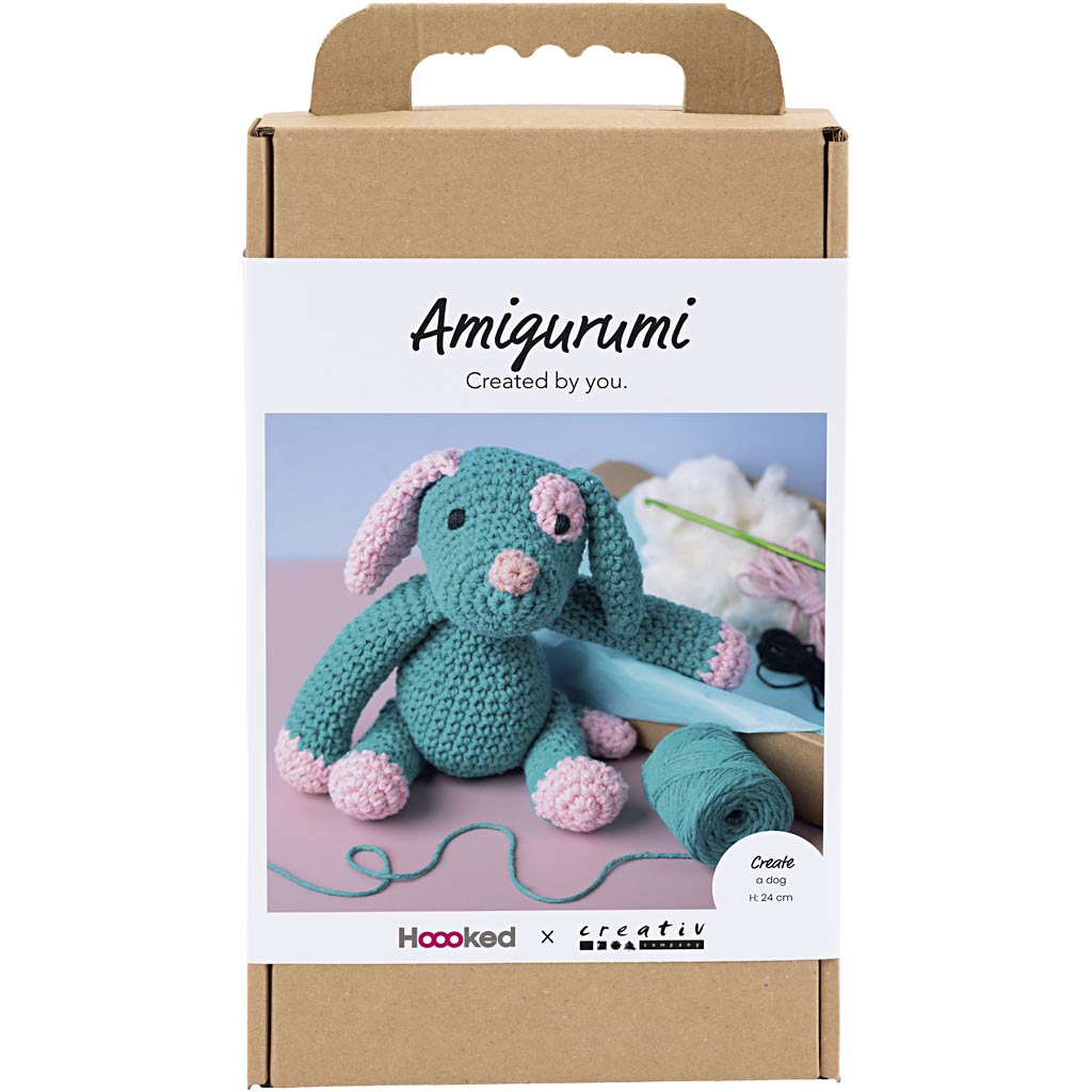 DIY Kit Amigurumi, Hundehvalp, pastelpink, mørk turkis, 1 pk.