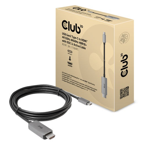 Club 3D CAC-1010 USB-C Gen2 to HDMI aktiv adapterkabel 3m Grå