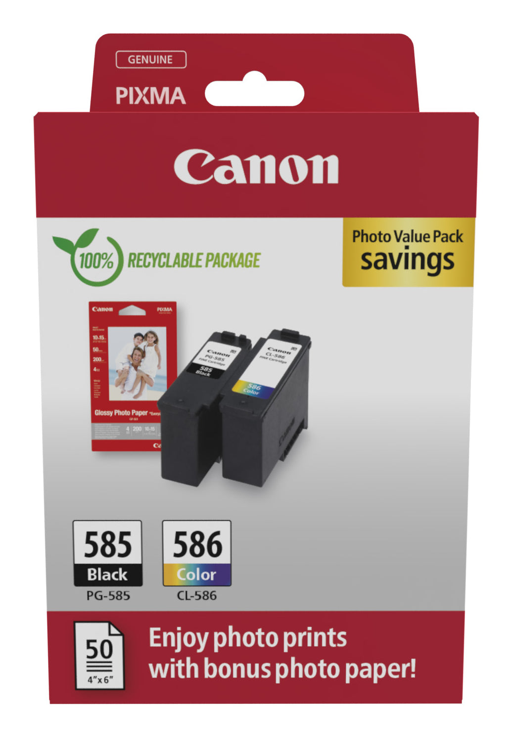 Canon PG 585/CL-586 Photo Value Pack Sort Farve (cyan, magenta, gul) Blækpatron/papirsæt