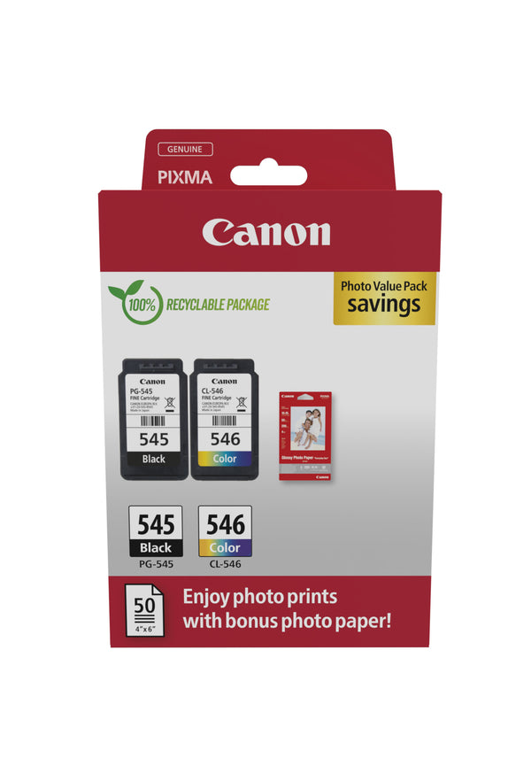 Canon PG-545 / CL-546 Value Pack Sort Farve (cyan, magenta, gul) Blækpatron/papirsæt