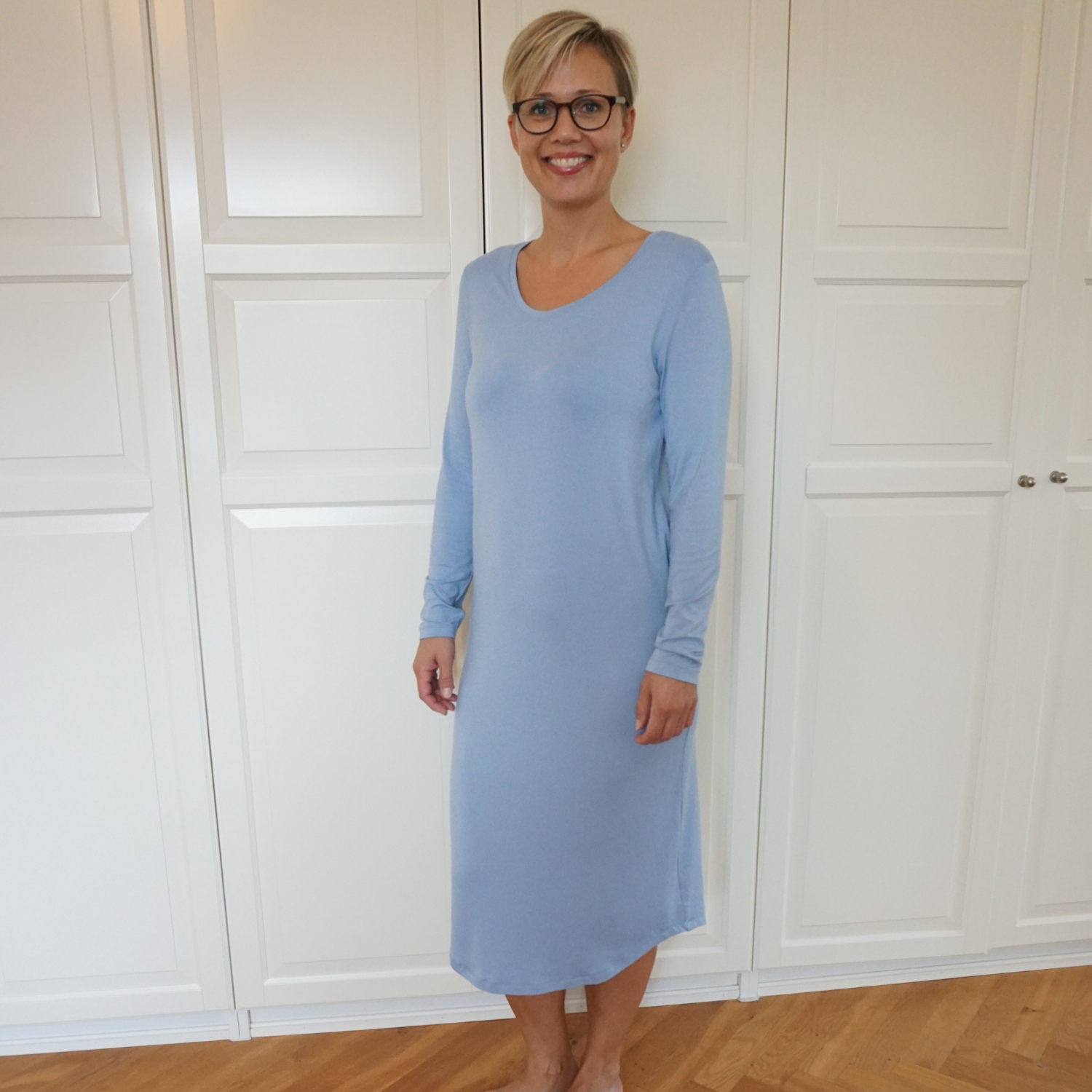 Dame Lang Natkjole med langt ærme - Lyseblå