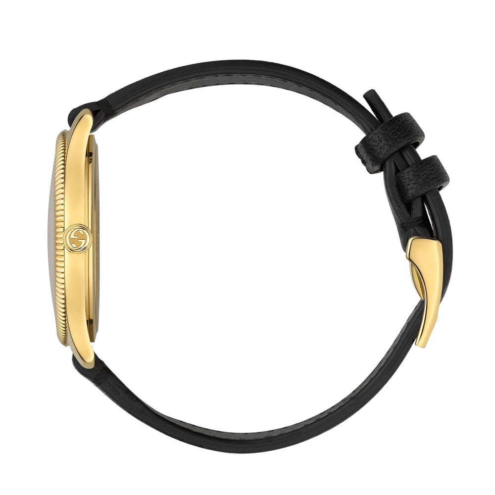 Gucci G-Timeless guldfarvet kvartsur med sort læderrem YA1264181