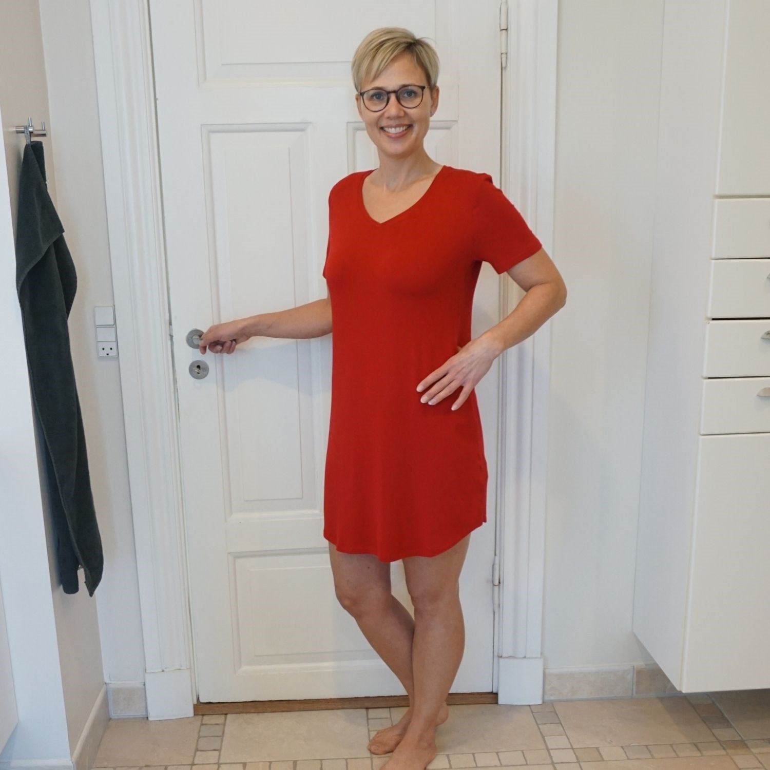 Dame natkjole kort ærme - Rød