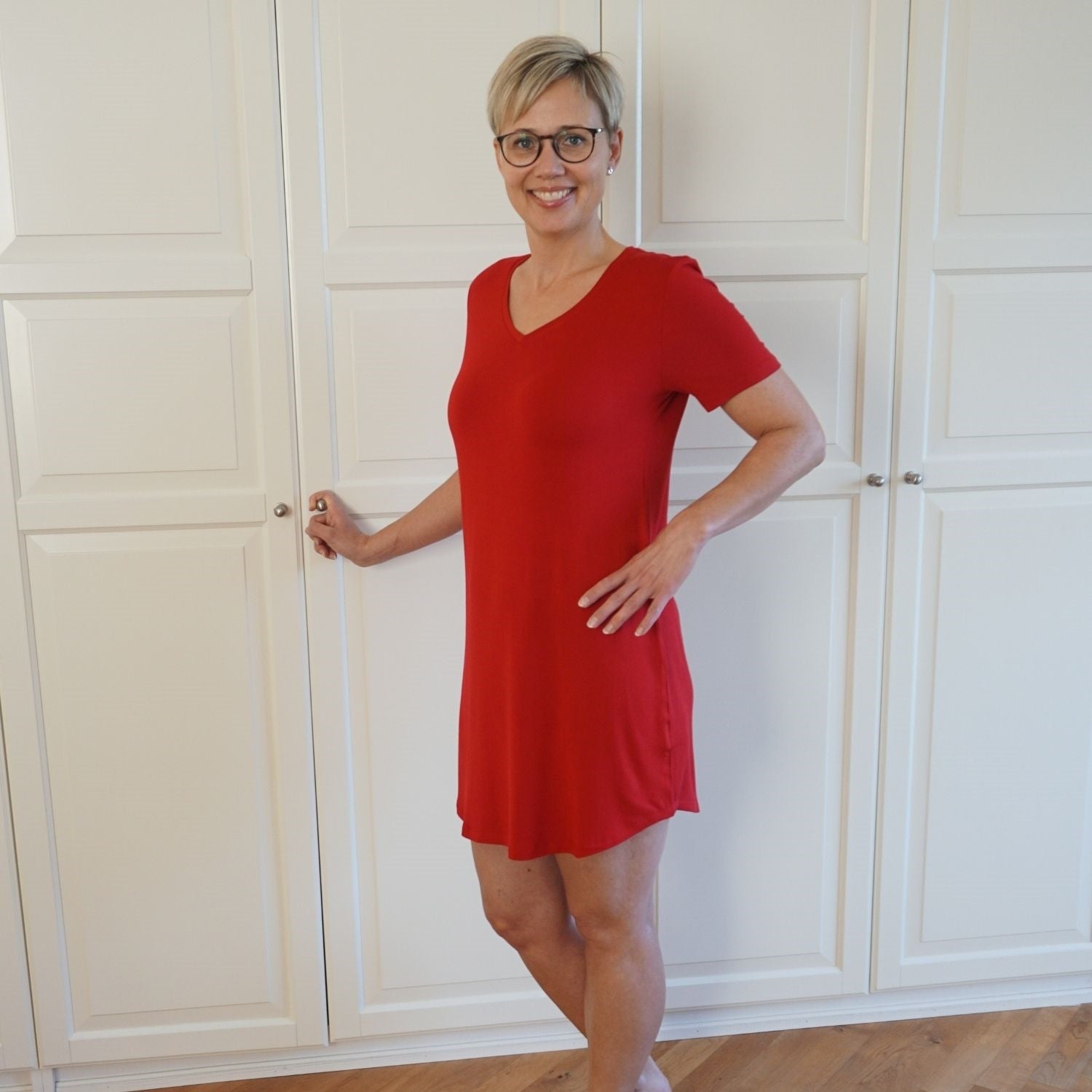 Dame natkjole kort ærme - Rød