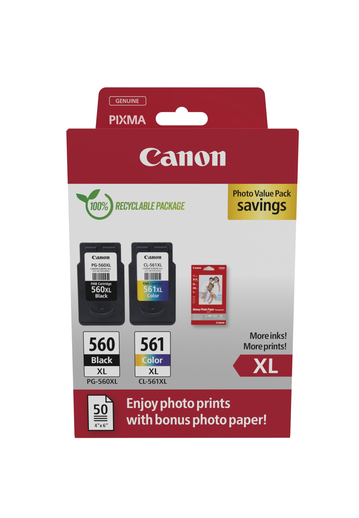 Canon PG-560XL/CL-561XL Photo Value Pack Sort Farve (cyan, magenta, gul) Blækpatron/papirsæt