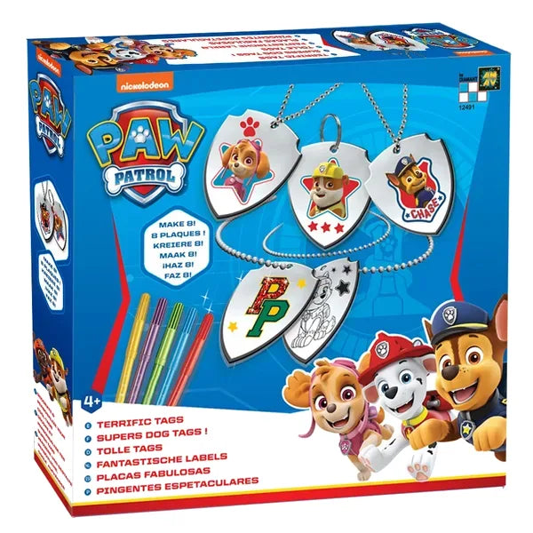 Kreative tags til farvelægning Paw Patrol – 5 stk. inkl. kuglepenne og klistermærker, 4+ år – Terrific Tags Paw Patrol