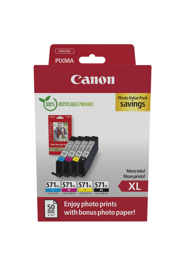 Canon CLI-571XL Photo Paper Value Pack Sort Farve (cyan, magenta, gul) Blækpatron/papirsæt