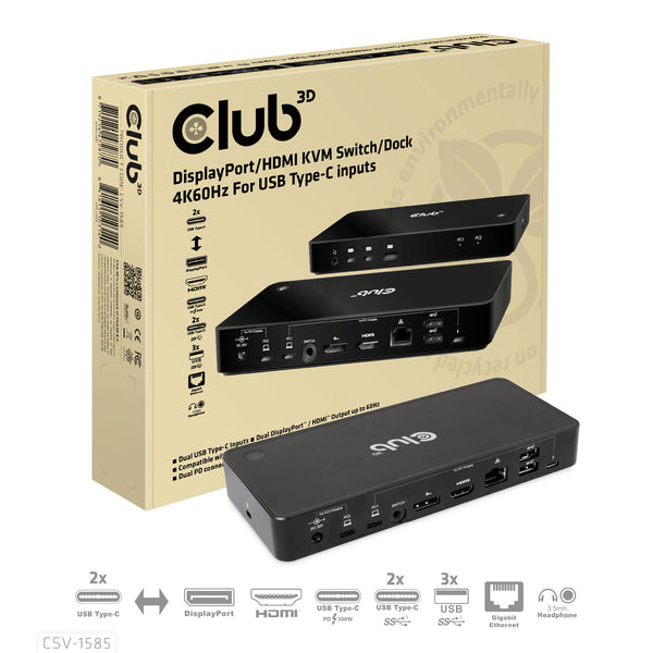 Club 3D CSV-1585 DisplayPort+HDMI KVM Switch/USB-C Dock