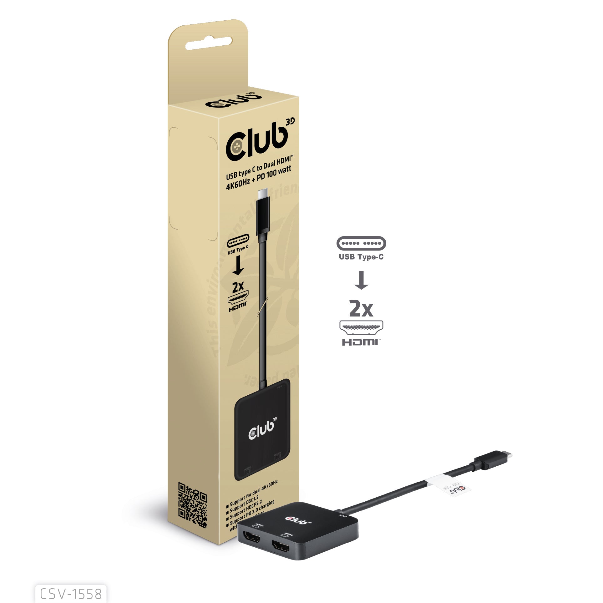 Club3D CSV-1558 Adapter USB-C til 2x HDMI Sort