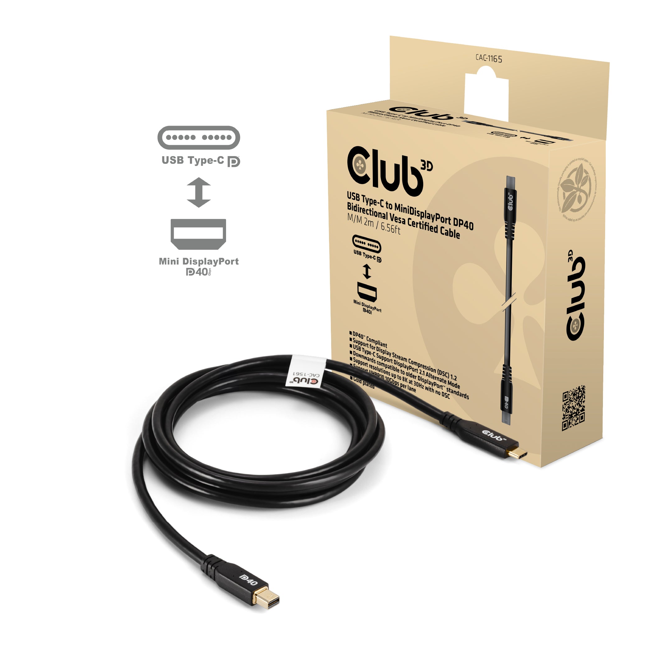 Club 3D CAC-1561 USB-C til Mini DisplayPort 2.1 kabel 2m Sort