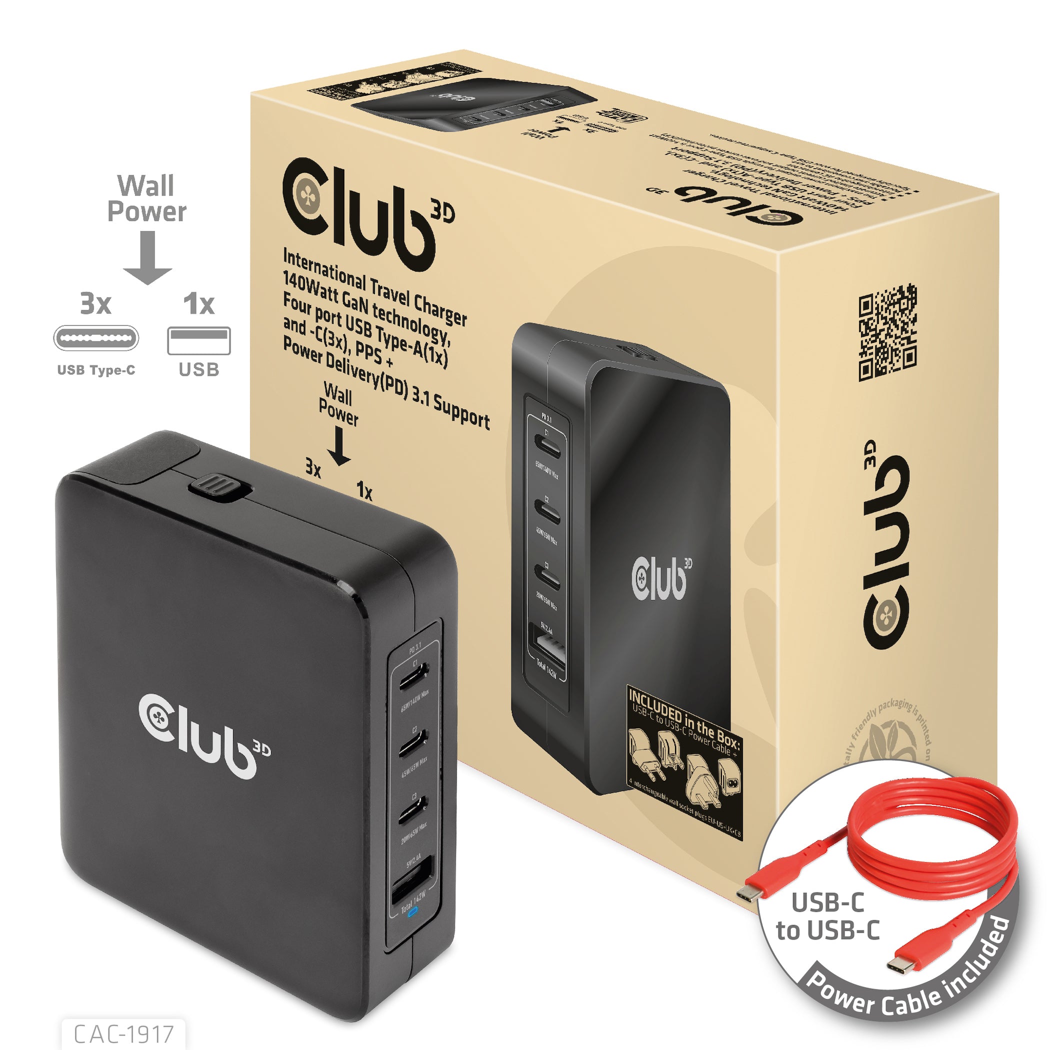 Club 3D CAC-1917 140W GaN Strømforsyningsadapter